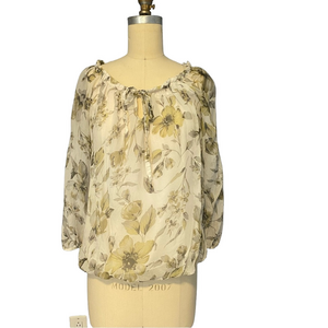 Italian Silk blouson, elastic hem, ruffled crew neck lined top |med - Rosemarine